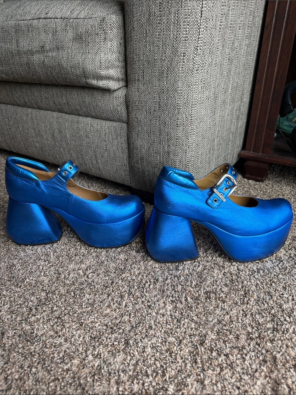 John Fluevog Superfly Kool in Metallic Blue Platform Maryjane Shoes